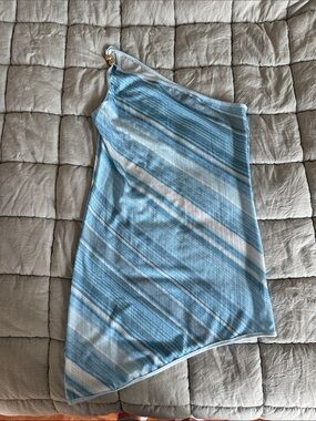 One-Shoulder Blue and White Striped Dress
